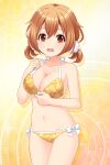  1girl absurdres alternative_girls bare_arms bikini breasts brown_eyes brown_hair cleavage eyebrows_visible_through_hair floral_print hand_on_own_chest highres looking_at_viewer momoi_hina official_art open_mouth solo swimsuit yellow_background yellow_bikini 