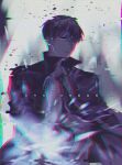  1boy 5209420 absurdres bangs black_coat brown_eyes brown_hair closed_mouth coat hair_between_eyes highres long_sleeves looking_at_viewer love_and_producer magic male_focus mo_xu short_hair solo static v-shaped_eyebrows 