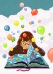  1girl :/ arm_rest backlighting balloon bangs black_jacket blazer blunt_bangs blurry bob_cut book bookmark bow bowtie brown_eyes brown_hair chromatic_aberration closed_mouth cloud colorful crossed_arms depth_of_field dot_nose expressionless glasses highres jacket long_sleeves looking_at_viewer monaka_(siromona) no_lineart open_book original red-framed_eyewear red_bow red_bowtie school_uniform semi-rimless_eyewear short_hair solo straight-on surreal table upper_body 