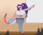  2021 absurd_res anthro big_breasts breasts cleavage clothed clothing digital_media_(artwork) female fish hair hi_res huge_breasts hyper hyper_breasts looking_at_viewer marine multicolored_body open_mouth pig_(artist) ponytail purple_eyes purple_hair requiem_shark shark solo standing tiger_shark 