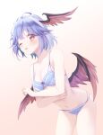  1girl ;p ahoge bangs bare_shoulders bird_wings blue_bra blue_hair blue_panties blush bra breasts cleavage collarbone eyelashes feathered_wings head_wings horns light_blue_hair midorino_eni multicolored_hair navel one_eye_closed panties petite pink_background red_eyes short_hair simple_background slit_pupils small_breasts solo standing stomach thighs tokiko_(touhou) tongue tongue_out touhou two-tone_hair underwear wings youkai 