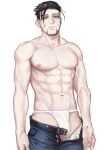  1boy abs bara black_eyes black_hair blue_pants bulge derivative_work expressionless fundoshi golden_kamuy hair_slicked_back hair_strand highres japanese_clothes looking_at_viewer male_focus male_underwear midomido navel nipples ogata_hyakunosuke pants parody_request pectorals scar scar_on_cheek scar_on_face short_hair solo stomach toned toned_male topless_male undercut underwear white_male_underwear 