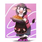  2021 absurd_res anthro bovid bovine cattle clothed clothing dessert food fully_clothed gradient_background hi_res holding_food holding_object looking_at_viewer louart mammal open_mouth open_smile pie signature simple_background smile solo 