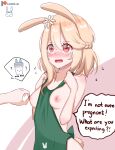  1girl ? ?? animal_ears apron artist_logo blonde_hair blush braid breasts cowboy_shot curled_fingers english_commentary eyebrows_visible_through_hair flower french_braid green_apron hair_between_eyes hair_flower hair_ornament hands_up highres iced_latte_with_breast_milk_(meme) lewdlux looking_at_another meme naked_apron nipple_tweak nose_blush open_mouth original patreon_username rabbit_ears rabbit_girl rabbit_tail red_eyes simple_background small_breasts speech_bubble standing tail tears teeth two-tone_background upper_teeth 