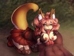  4:3 abs animal_humanoid anthro breast_play breasts brown_body brown_fur canid canid_humanoid caster_tamamo-no-mae clothing duo erection fate_(series) female fur general-irrelevant genitals gloves grass hair handwear humanoid humanoid_on_anthro knot legwear male male/female mammal mammal_humanoid nipples oral penis pink_hair plant sex smile stockings titfuck tongue tongue_out yellow_eyes 