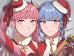  2girls alternate_costume blue_hair braid brown_eyes candy candy_cane capelet christmas christmas_present dress fire_emblem fire_emblem:_three_houses food fur-trimmed_dress fur-trimmed_headwear fur_trim gift gloves hat highres hilda_valentine_goneril long_hair looking_at_viewer marianne_von_edmund multiple_girls peach11_01 pink_eyes pink_hair portrait red_capelet red_gloves santa_costume santa_hat twintails 