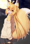  2021 ahoge anthro blonde_hair blush bottomwear brown_body brown_fur canid canine clothed clothing cute_fangs dipstick_ears dipstick_tail female fox fur hair hands_behind_back hi_res horokusa0519 inner_ear_fluff kemono long_hair looking_at_viewer looking_back mammal markings multicolored_body multicolored_ears multicolored_fur open_mouth orange_eyes skirt solo sweater tail_markings tongue topwear tuft white_body white_fur yellow_body yellow_fur 