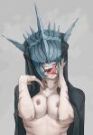  1girl body_markings breast_press breasts facing_viewer genderswap genderswap_(mtf) grey_background hands_up helm helmet highres horns iskanderednaksi large_breasts mouth_of_sauron nipples open_mouth simple_background solo teeth the_lord_of_the_rings tolkien&#039;s_legendarium tongue tongue_out translation_request upper_body 