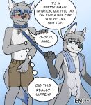  2021 5_fingers alex_(alexanderthewolf) anthro balls black_text blue_body blue_collar blue_ears blue_eyes blue_fur blue_hair blue_leash blue_penis blue_tail blush canid canine canis clothed clothed/nude clothing collar countershade_torso countershading eyebrows fingers fox frostedchase fur genitals green_eyes grey_balls grey_body grey_countershading grey_ears grey_eyebrows grey_fur grey_hair grey_sheath grey_tail hair hi_res holding_leash holding_object leash looking_aside mammal maverick_skye multicolored_ears navel nude penis penis_tip speech_bubble tail_between_legs text thought_bubble topless towel towel_around_neck two_tone_ears two_tone_tail white_text wolf 