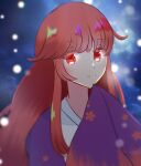  1girl blue_background commentary_request esist_hourai eyebrows_visible_through_hair eyes_visible_through_hair highres japanese_clothes kimono kotohime_(touhou) long_hair purple_kimono red_eyes red_hair sidelocks sleeves_past_fingers sleeves_past_wrists smile touhou touhou_(pc-98) very_long_hair wide_sleeves 