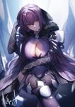  1girl armor bangs bodysuit breasts cape cleavage cleavage_cutout clothing_cutout crossed_legs fate/grand_order fate_(series) genyaky hair_between_eyes highres large_breasts long_hair looking_at_viewer pauldrons purple_bodysuit purple_cape purple_hair red_eyes scathach_(fate) scathach_skadi_(fate) shoulder_armor sitting solo thighs tiara 