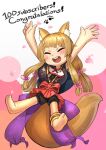  1girl :d animal_ear_fluff animal_ears anklet arms_up back_bow barefoot black_shorts blonde_hair blush bow closed_eyes congratulations english_text facing_viewer fox_ears fox_tail gonta_inukai hakama hands_up highres indie_virtual_youtuber japanese_clothes jewelry jumping kilye_kairi large_tail long_hair red_hakama red_skirt shorts skirt smile solo tail virtual_youtuber 