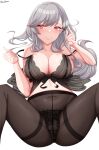  1girl absurdres alternate_costume azur_lane black_bra black_legwear black_nightgown black_panties blush bra breasts butterfly_hair_ornament cleavage covered_navel dunkerque_(azur_lane) feet_out_of_frame grey_hair hair_ornament highres lace-trimmed_panties lace_trim large_breasts long_hair makudesu nightgown panties pantyhose red_eyes see-through simple_background solo thighband_pantyhose underwear very_long_hair white_background 