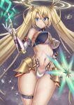  1girl bangs bare_shoulders blonde_hair blue_eyes bradamante_(fate) braid breasts cadmium elbow_gloves fate/grand_order fate_(series) gloves hair_between_eyes large_breasts long_hair midriff navel solo star_(symbol) thighs toned twintails very_long_hair weapon 