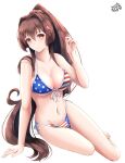  1girl alternate_costume american_flag_bikini bikini breasts brown_eyes brown_hair cherry_blossoms flag_print flower front-tie_bikini front-tie_top hachiware_(8ware63) hair_flower hair_ornament highres kantai_collection large_breasts long_hair ponytail print_bikini print_swimsuit side-tie_bikini sideocks simple_background solo string_bikini swimsuit very_long_hair white_background yamato_(kancolle) 