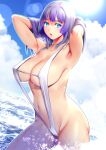  1girl armpits blue_eyes blue_sky blush breasts cowboy_shot day hands_up highres large_breasts long_hair looking_at_viewer navel ocean one-piece_swimsuit original outdoors parted_lips purple_hair saigado sky slingshot_swimsuit solo standing sweat swimsuit wading white_swimsuit 