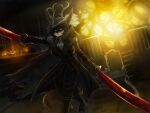  4:3 anthro antlers bloodborne clothing dual_wielding female fromsoftware general-irrelevant green_eyes hair hat headgear headwear holding_object holding_sword holding_weapon horn hybrid jacket looking_at_viewer melee_weapon mits_(character) solo sony_corporation sony_interactive_entertainment sword topwear video_games walking weapon 