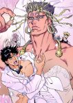  bare_shoulders black_hair blonde_hair blue_eyes bridal_veil caesar_anthonio_zeppeli crossdressing dress earrings esidisi facial_mark formal green_eyes groom highres holding holding_jewelry holding_ring jewelry jojo_no_kimyou_na_bouken male_focus manly muscular muscular_male nitako parody ring suit tattoo torn_clothes turban tuxedo veil wamuu wedding_ring white_dress white_suit yaoi 