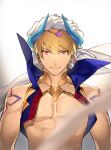  1boy arabian_clothes bangs blonde_hair closed_mouth earrings eyebrows_visible_through_hair fate/grand_order fate_(series) gilgamesh_(caster)_(fate) gilgamesh_(fate) ginka_sima hair_between_eyes headdress highres jewelry looking_at_viewer male_focus red_eyes short_hair smile 