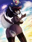  2018 3:4 amber_eyes anthro big_butt black_hair black_sclera breasts butt canid cigarette clothed clothing collar digital_media_(artwork) female fur garter_belt garter_straps general-irrelevant genitals grey_body grey_fur hair hi_res holding_cigarette holding_object horn legwear looking_at_viewer looking_back mammal nipples pussy rear_view smile solo squish standing stockings thick_thighs thigh_highs thigh_squish 