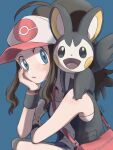  1girl bag baseball_cap black_vest blue_background blue_eyes blurry blush brown_hair denim denim_shorts emolga eyelashes hat head_rest high_ponytail highres hilda_(pokemon) long_hair looking_at_viewer niiichi_21pk on_shoulder pink_bag pokemon pokemon_(creature) pokemon_(game) pokemon_bw pokemon_on_shoulder shirt short_shorts shorts shoulder_bag sidelocks signature sleeveless sleeveless_shirt vest white_shirt wristband 