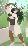  &lt;3 2021 absurd_res anthro antlers belt bottomwear breasts cervid cleavage clothed clothing coat digital_media_(artwork) female garden green_eyes green_hair hair hi_res holding_object horn lab_coat mammal pig_(artist) plant plant_pot shorts solo star_pupils topwear 