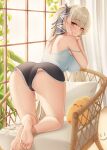  1girl all_fours ass azur_lane barefoot bent_over breasts chair closed_mouth curtains elbow_rest formidable_(azur_lane) highres large_breasts long_hair looking_at_viewer looking_back manjuu_(azur_lane) on_chair panties panty_peek red_eyes short_shorts shorts smile solo strap_slip tank_top twintails underwear very_long_hair wei_xiao white_hair window 