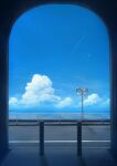  alu.m_(alpcmas) bird blue_sky bollard cloud day highres no_humans original outdoors railing road scenery shadow signature sky traffic_mirror 
