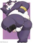  2021 96panda absurd_res alp_(tas) anthro anus balls blush butt censored clothing condom condom_in_mouth erection genitals giant_panda hat headgear headwear hi_res humanoid_hands kemono lifewonders male mammal moobs nipples overweight overweight_male penis purple_body sexual_barrier_device solo tokyo_afterschool_summoners ursid video_games white_body 