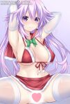  adult_neptune alternate_costume armpits arms_behind_head bikini blush breasts censored choujigen_game_neptune eyebrows_visible_through_hair fanbox_username gabriel_evangel gloves highres large_breasts long_hair microskirt navel neptune_(neptune_series) neptune_(series) patreon_username purple_eyes purple_hair reward_available santa_bikini santa_costume simple_background skindentation skirt smile spread_legs squatting swimsuit thighhighs white_legwear 