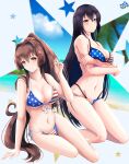  2girls alternate_costume american_flag_bikini bikini black_hair breasts brown_eyes brown_hair cherry_blossoms flag_print flower front-tie_bikini front-tie_top hachiware_(8ware63) hair_flower hair_ornament highres kantai_collection large_breasts long_hair multi-strapped_bikini multiple_girls nagato_(kancolle) navel ponytail print_bikini print_swimsuit side-tie_bikini sideocks string_bikini swimsuit very_long_hair yamato_(kancolle) 