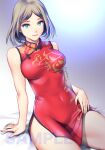  1girl bare_arms bob_cut breasts china_dress chinese_clothes covered_navel dress green_eyes grey_hair highres large_breasts looking_at_viewer medium_hair original parted_lips red_dress saigado short_dress signature sitting smile solo watermark 