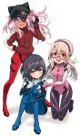  3girls :d badge bangs black_bodysuit black_eyepatch black_gloves black_hair black_headwear blonde_hair blue_bodysuit blush bodysuit boshi_(a-ieba) breasts brown_eyes button_badge chloe_von_einzbern cosplay cosplay_request dark-skinned_female dark_skin evangelion:_3.0_you_can_(not)_redo eyebrows_visible_through_hair eyepatch fate/kaleid_liner_prisma_illya fate_(series) full_body glasses gloves grey_background hair_between_eyes hair_ornament hairband hand_up hat highres illyasviel_von_einzbern jacket kneeling knees_up long_hair long_sleeves looking_at_viewer low_twintails medium_hair miyu_edelfelt multicolored_clothes multicolored_jacket multiple_girls neon_genesis_evangelion open_mouth orange_eyes pink_bodysuit pink_hair plugsuit ponytail rebuild_of_evangelion red-framed_eyewear red_bodysuit red_jacket semi-rimless_eyewear shiny shiny_hair sidelocks simple_background small_breasts smile souryuu_asuka_langley souryuu_asuka_langley_(cosplay) standing twintails two-tone_jacket two_side_up white_bodysuit white_jacket 