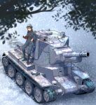  1girl black_footwear blue_headwear blue_jacket blue_pants boots brown_eyes brown_hair bt-42 cannon caterpillar_tracks emblem girls_und_panzer ground_vehicle highres jacket keizoku_(emblem) long_hair long_sleeves mika_(girls_und_panzer) military military_uniform military_vehicle motor_vehicle pants solo standing tank tigern_(tigern28502735) tulip_hat turret uniform 