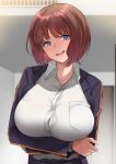  1girl absurdres arms_under_breasts blue_eyes blush breast_hold breasts brown_hair cleavage collarbone crossed_arms eyebrows_visible_through_hair fujimaru_nono highres large_breasts long_sleeves looking_at_viewer office_lady open_mouth ricochet-gou short_hair smile solo teeth tongue upper_body upper_teeth world_trigger 