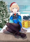  1girl absurdres black_legwear blonde_hair blue_dress blush book capelet christmas christmas_present christmas_tree commentary_request dress earrings feet foot_focus gift green_eyes hairband hands_on_own_cheeks hands_on_own_face head_rest highres jewelry long_hair looking_at_viewer low_twintails military military_uniform mitsuba_greyvalley nao3675 on_bed panties pantyhose red_neckwear sitting soles solo super_robot_wars super_robot_wars_30 tied_hair toes triangle_earrings twintails underwear uniform white_capelet white_hairband white_panties 