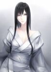  1girl black_hair breasts cleavage erise grey_eyes highres japanese_clothes kimono long_hair looking_at_viewer medium_breasts original simple_background solo white_kimono wide_sleeves 