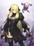  1girl black_dress black_legwear blonde_hair blush breasts cleavage cleavage_cutout closed_mouth clothing_cutout commentary_request contrapposto cosplay cynthia_(pokemon) danryoku_(ucrh3525) dress gloves hair_ornament hair_over_one_eye highres holding holding_poke_ball juliet_sleeves long_hair long_sleeves nier_(series) nier_automata poke_ball poke_ball_(basic) pokemon pokemon_(game) pokemon_dppt puffy_sleeves purple_eyes solo thighhighs yorha_no._2_type_b yorha_no._2_type_b_(cosplay) 