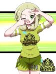  1girl ;d alternate_costume blonde_hair breasts finger_frame green_eyes green_shirt green_shorts hands_up highres jersey large_breasts medium_hair one_eye_closed open_mouth pokemon pokemon_(game) pokemon_xy shabana_may shirt shorts smile solo sportswear t-shirt uniform_number viola_(pokemon) 