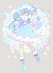  1girl alternate_costume blue_eyes blue_footwear blue_gloves blue_hair blue_headwear blue_santa_costume blush cirno fairy fang full_body gloves grey_background hair_between_eyes hat highres holding holding_sack ice ice_wings nikorashi-ka open_mouth pom_pom_(clothes) puffy_short_sleeves puffy_sleeves sack santa_costume santa_hat short_hair short_sleeves solo star_(symbol) symbol-only_commentary touhou wings 
