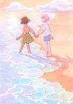  2girls arm_at_side backlighting barefoot beach blue_shorts bob_cut brown_hair caustics closed_mouth cloud dark-skinned_female dark_skin evening facing_away floating_hair from_behind from_side green_skirt heikala high-waist_skirt highres holding_hands horizon legs_apart long_sleeves looking_at_another looking_away multiple_girls ocean original outdoors outstretched_arm painting_(medium) pink_hair pink_sweater pleated_skirt profile puffy_long_sleeves puffy_sleeves reflection reflective_water sand shadow shirt shore short_hair short_sleeves shorts skirt smile standing sunlight sunset sweater t-shirt traditional_media turtleneck turtleneck_sweater twilight wading walking water watercolor_(medium) white_shirt wide_shot wrist_extended 