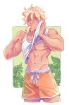  1boy battle_tendency blonde_hair caesar_anthonio_zeppeli clothes_lift deliciest facial_mark food green_eyes groin jojo_no_kimyou_na_bouken male_focus orange_shorts popsicle popsicle_in_mouth shirt_lift shorts solo sweat tan tanlines wince wiping_face 
