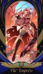  1girl absurdres black_rose_dragon border breasts duel_monster english_text flower foreshortening full_body highres izayoi_aki long_hair looking_at_viewer petals red_hair roman_numeral rose sidelocks solo_focus ssbaby tarot the_empress_(tarot) thighhighs yu-gi-oh! yu-gi-oh!_5d&#039;s 