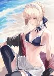  1girl absurdres armpits artoria_pendragon_(alter_swimsuit_rider)_(fate) artoria_pendragon_(fate) bangs beach bell bikini black_bikini black_legwear blonde_hair breasts commentary_request eyebrows_visible_through_hair eyes_visible_through_hair fate/grand_order fate_(series) hair_between_eyes highres jacket looking_at_viewer maid_bikini maid_headdress mikiton navel necktie ocean saber_alter short_hair sitting solo swimsuit thighhighs thighs tied_hair tongue tongue_out yellow_eyes 