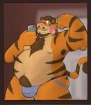  2019 anthro belly bulge cellphone clothing dippubear felid hi_res humanoid_hands jockstrap male mammal moobs navel nipples one_eye_closed orange_body overweight overweight_male pantherine phone pink_nose smartphone solo tiger tongue tongue_out underwear wink 