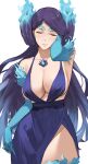  1girl bangs bare_shoulders blue_fire breasts brighid_(xenoblade) center_opening cleavage closed_eyes collarbone dress elbow_gloves fiery_hair fire gloves highres j@ck large_breasts long_hair purple_dress purple_hair smile solo very_long_hair xenoblade_chronicles_(series) xenoblade_chronicles_2 