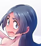  1girl barbara_parker blue_eyes blue_hair blush breasts caught completely_nude embarrassed from_side full-face_blush geewhy highres little_witch_academia long_hair looking_at_viewer looking_to_the_side medium_breasts nipples nude open_mouth solo upper_body wide-eyed 