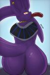  absurd_res anthro beerus big_butt butt domestic_cat dragon_ball dragon_ball_super ear_piercing felid feline felis food girly glistening glistening_body glistening_skin hi_res hot_dog huge_butt larger_male long_tail looking_back male mammal n31l_(artist) piercing presenting purple_body seductive size_difference solo wide_hips 