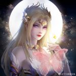  1girl blonde_hair blue_eyes bug butterfly douluo_dalu dress expressionless full_moon hair_ornament moon night qian_renxue_(douluo_dalu) weibo_id weibo_logo white_dress xiafan_pudu_zhongsheng 