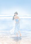  1girl alternate_costume beach black_hair blue_sky breasts collarbone day dress highres houshou_(kancolle) kantai_collection long_hair outdoors ponytail sky small_breasts solo strapless strapless_dress waves white_dress yuichi_(sp_sakura_yoshi) 